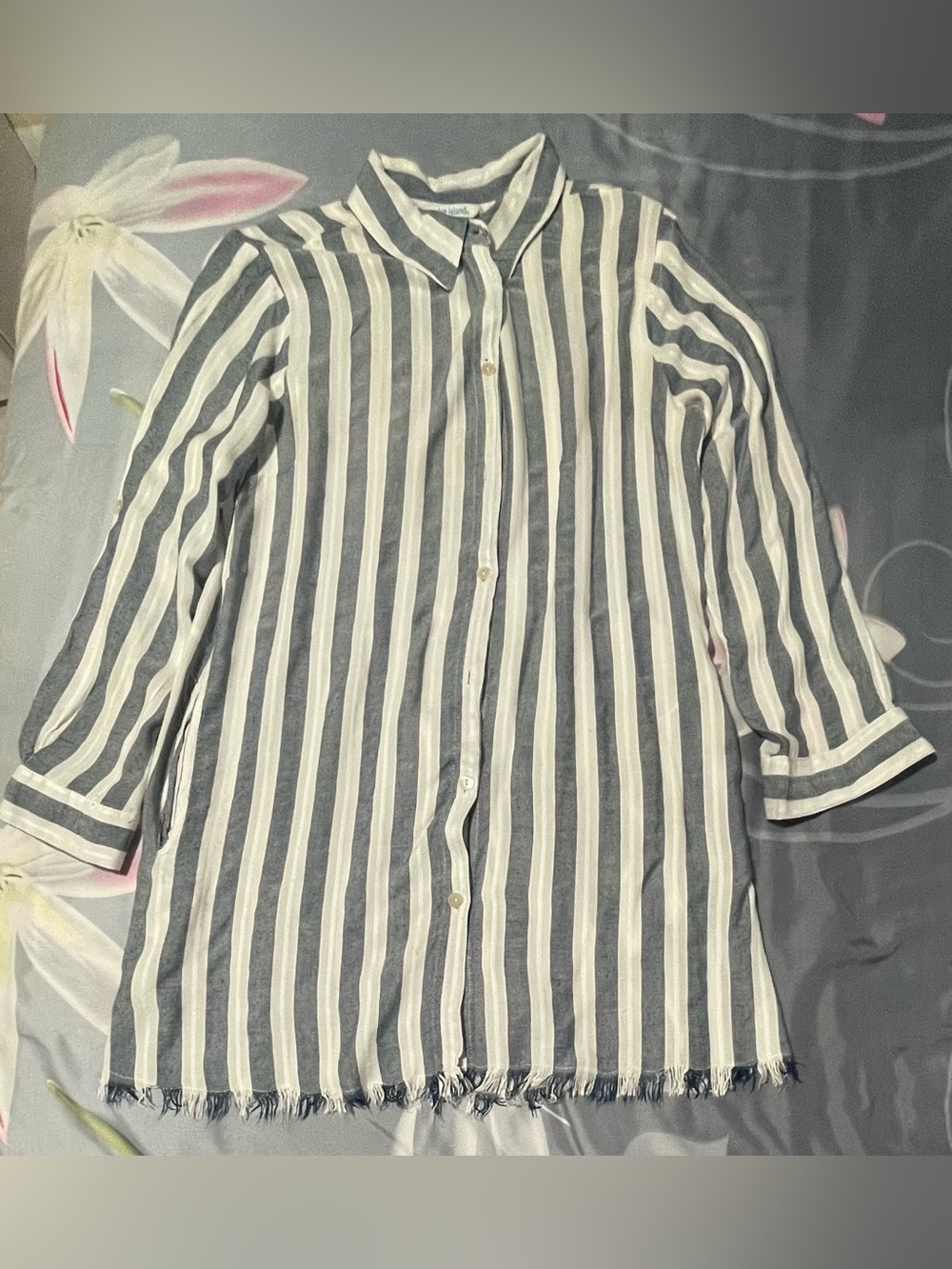 blue island Black and White Striped Button-Down Tunic